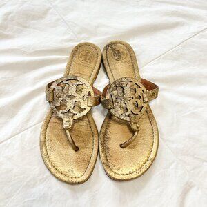 Tory Burch Miller Sandals Metallic Gold Leather Thong Logo Size 8